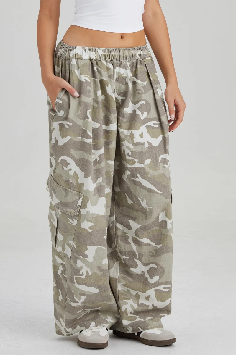 KATCH ME Women's Camouflage Wide Leg Cargo Pants, Elastic Waist Utility Trousers - Image 7