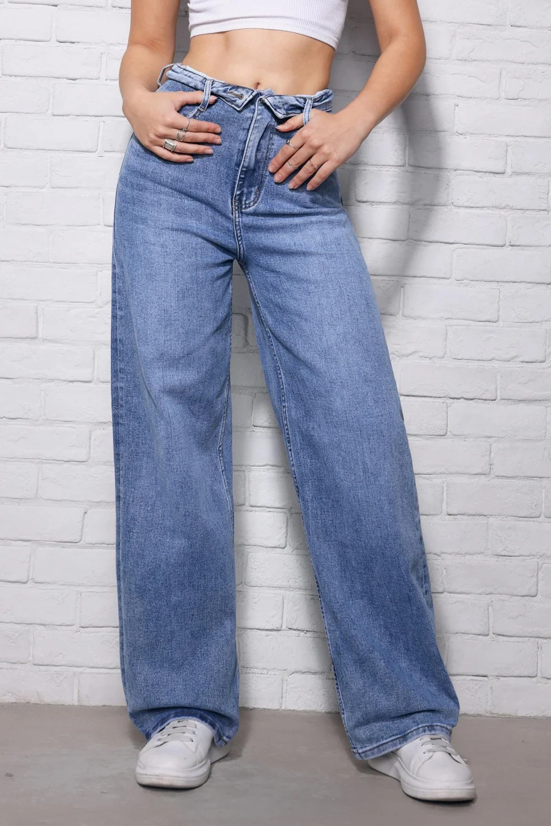 KATCH ME Women's Folded-Waist Wide-Leg Floor-Length Denim Jeans - Image 3