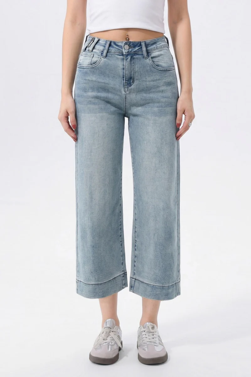 KATCH ME Women's Mid-Rise Wide Leg Cropped Jeans, Multi-Pocket Street Style Stretchy Denim Trousers