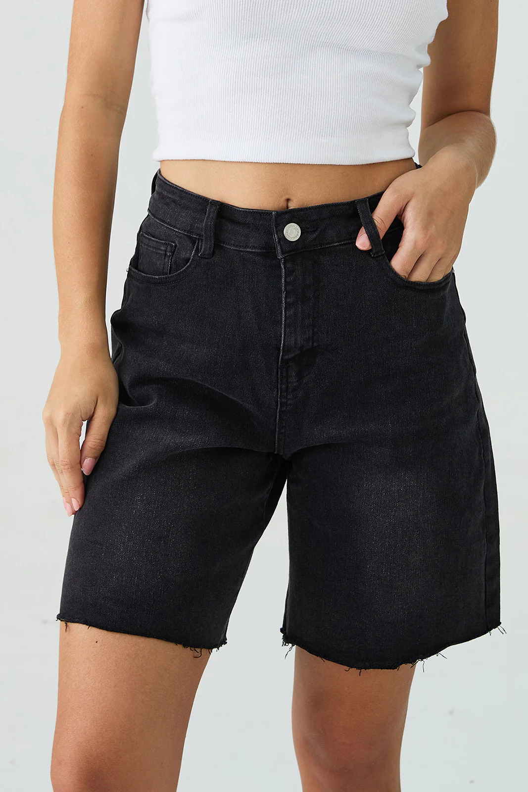 KATCH ME Mid-Rise Tassel Hem Denim Bermuda Shorts - Image 6