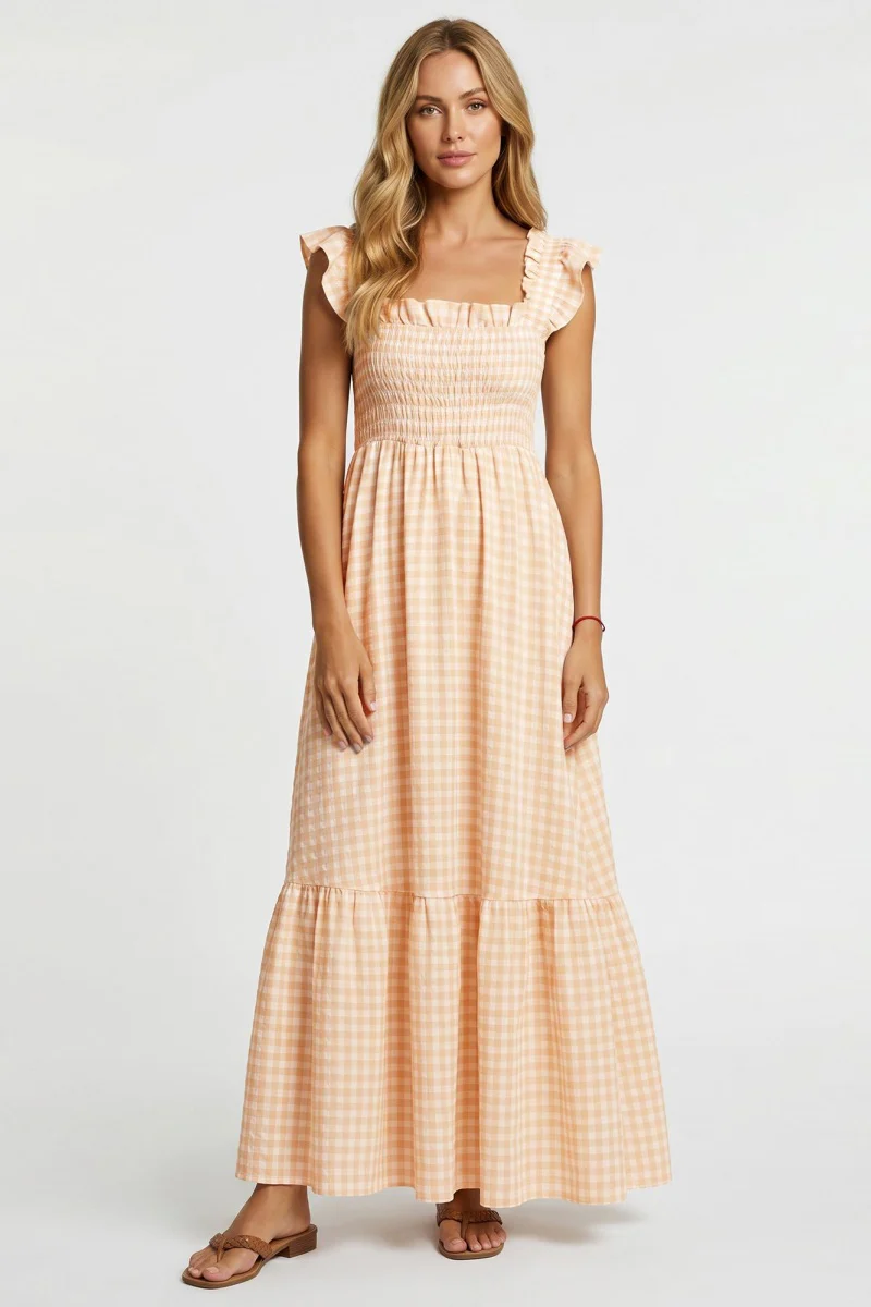 KATCH ME Comfort Skin-Friendly Plaid Square Neck Ruched Maxi Dress