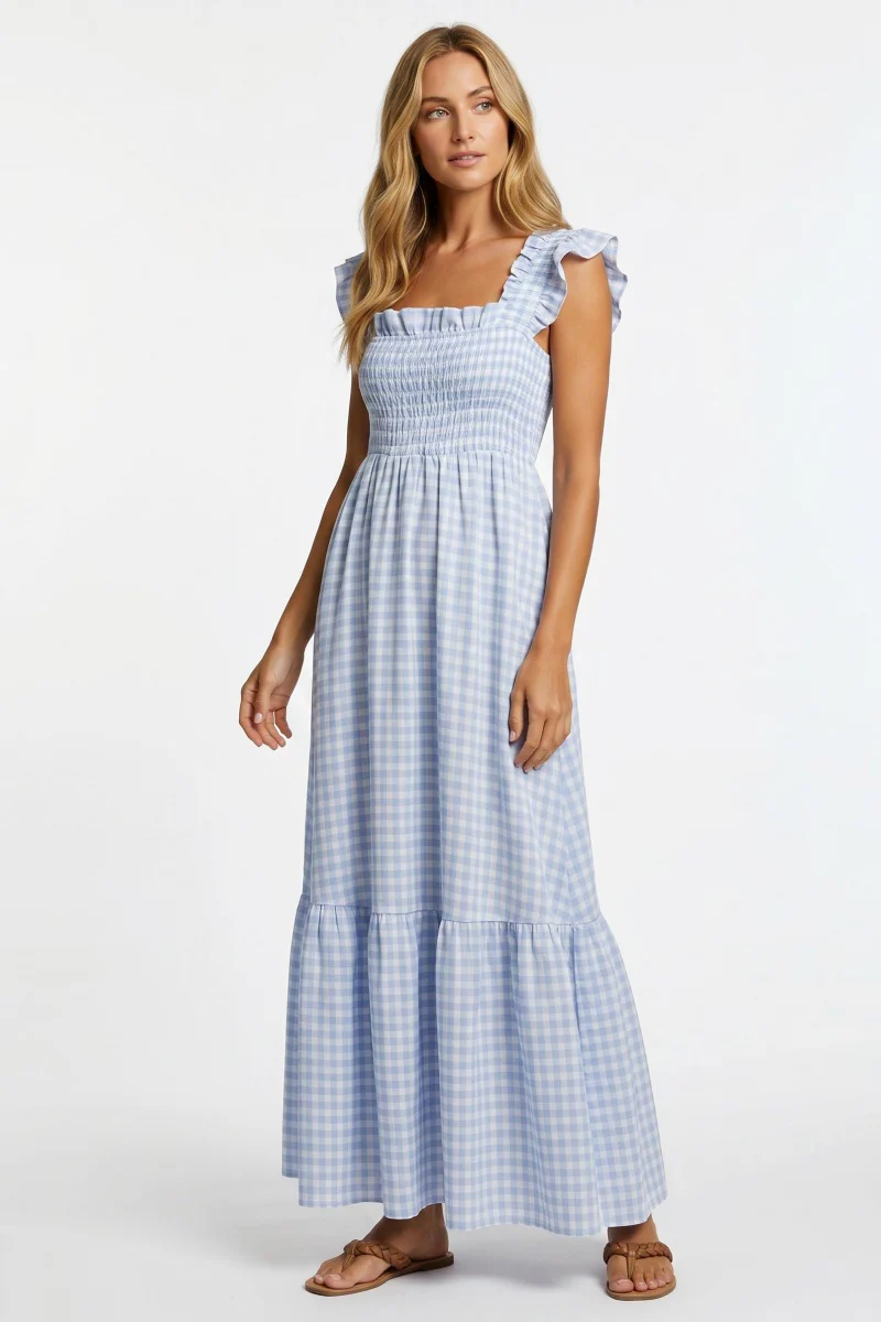 KATCH ME Comfort Skin-Friendly Plaid Square Neck Ruched Maxi Dress - Image 3