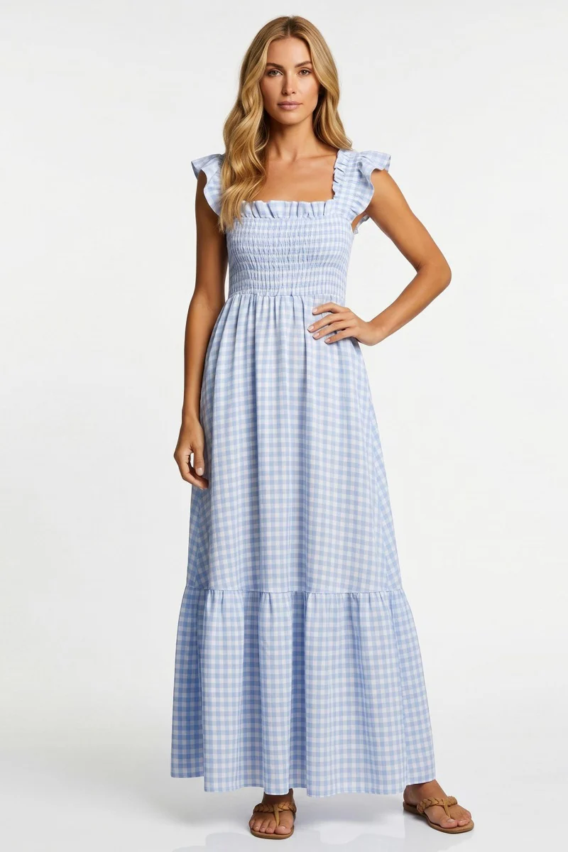 KATCH ME Comfort Skin-Friendly Plaid Square Neck Ruched Maxi Dress - Image 4