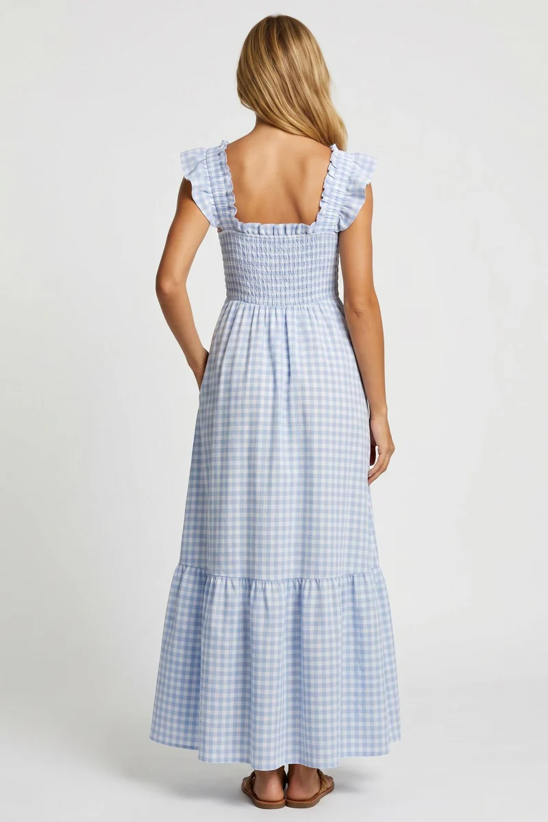 KATCH ME Comfort Skin-Friendly Plaid Square Neck Ruched Maxi Dress - Image 5
