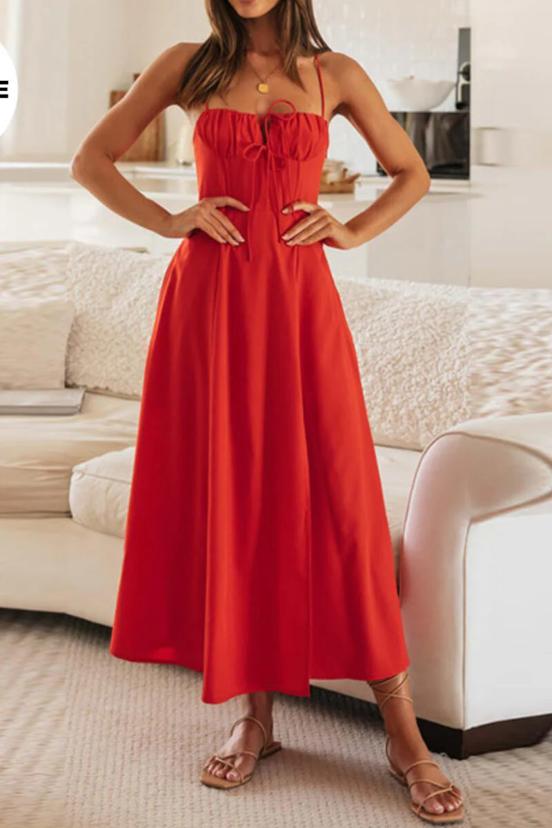 KATCH ME Comfort Slim Solid Color Cross Tie Sleeveless Maxi Dress