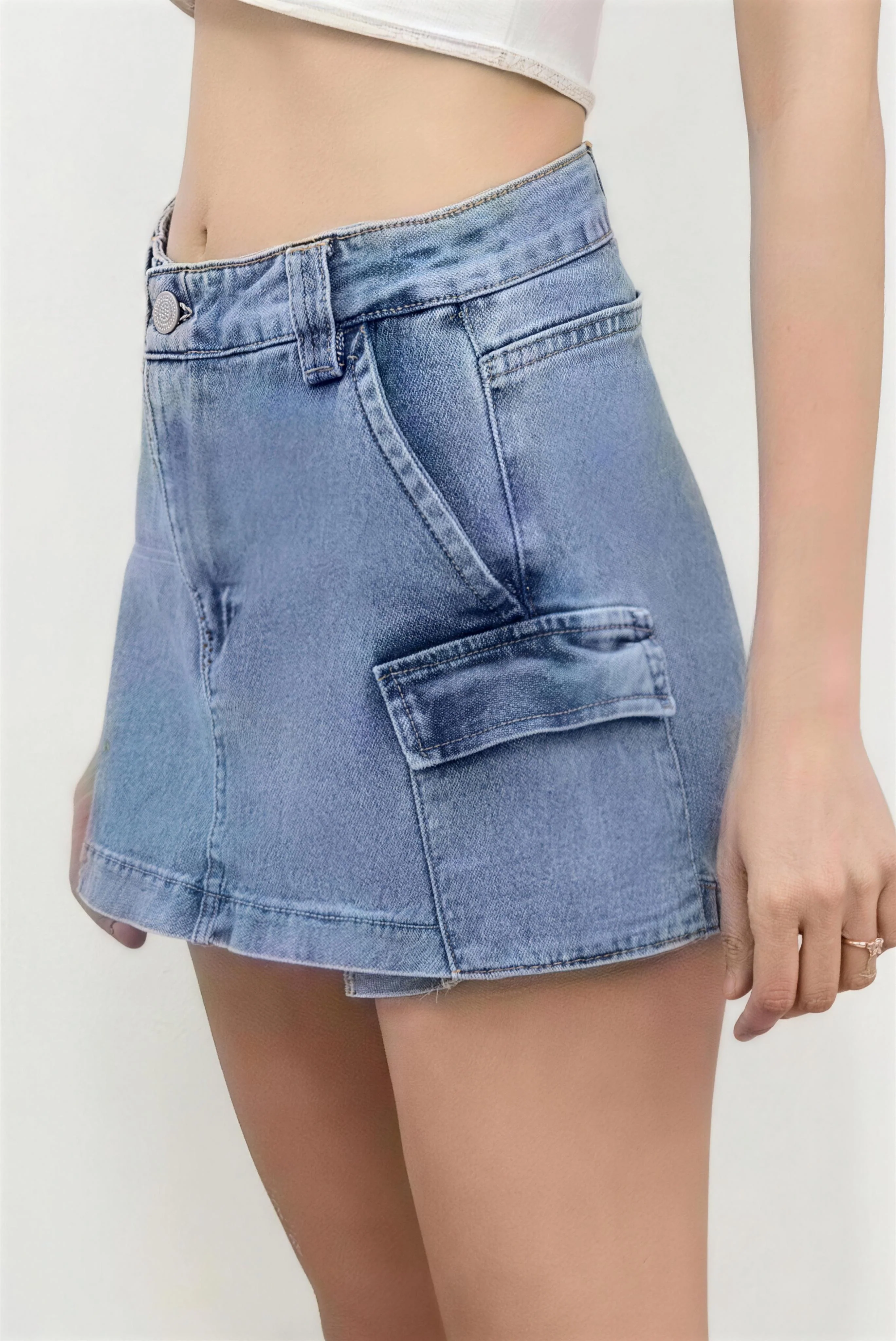 KATCH ME Comfort Soft Solid Color High Waist Cargo Pocket Mini Denim Skort - Image 2