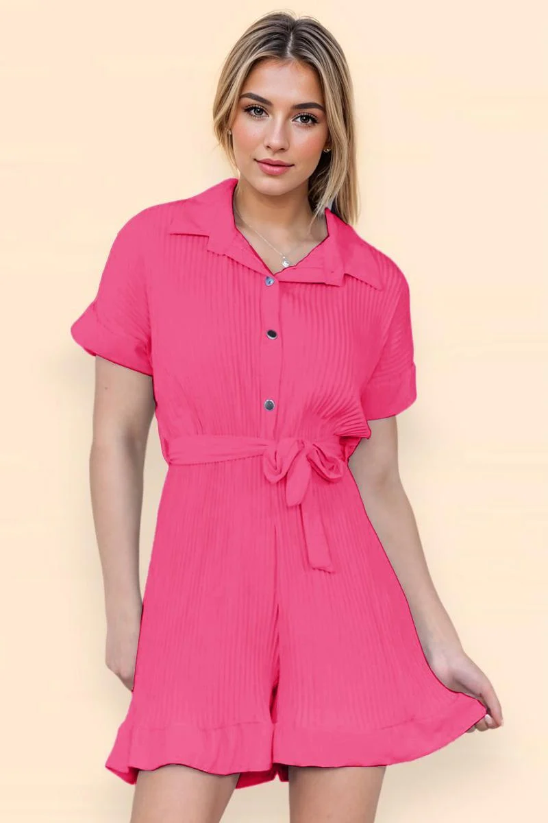 KATCH ME Comfort Solid Color Collared Neck Waist Tie Short Sleeve Playsuit