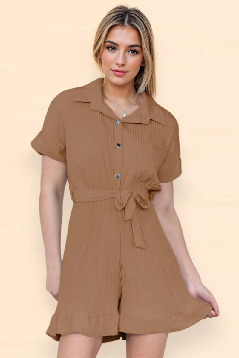 KATCH ME Comfort Solid Color Collared Neck Waist Tie Short Sleeve Playsuit - Image 10