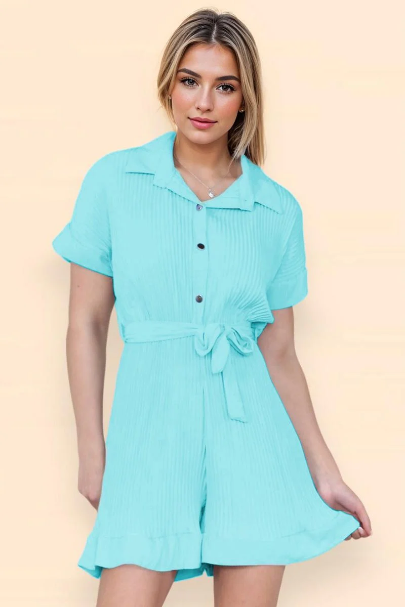 KATCH ME Comfort Solid Color Collared Neck Waist Tie Short Sleeve Playsuit - Image 11