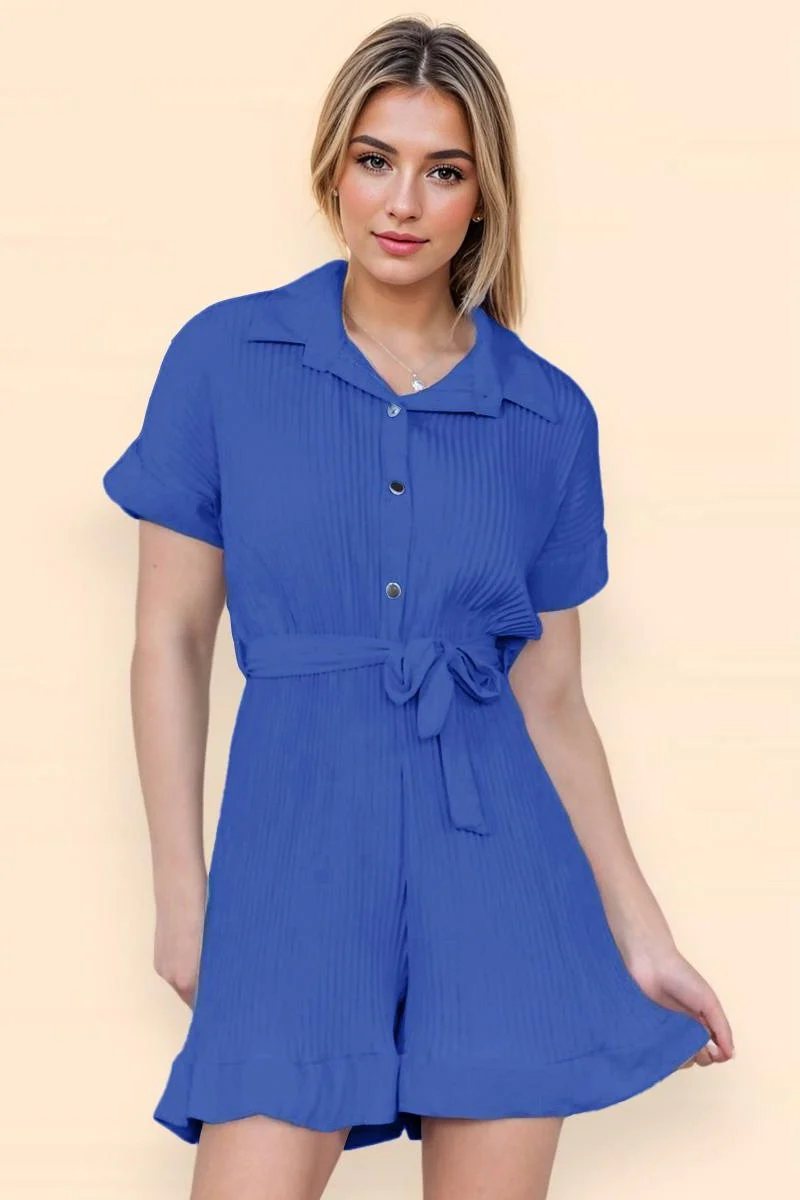 KATCH ME Comfort Solid Color Collared Neck Waist Tie Short Sleeve Playsuit - Image 12