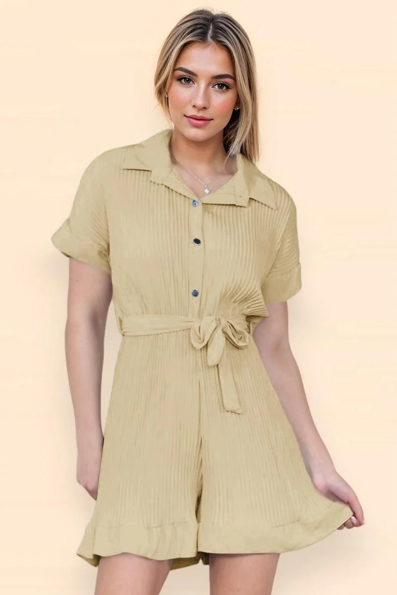 KATCH ME Comfort Solid Color Collared Neck Waist Tie Short Sleeve Playsuit - Image 13