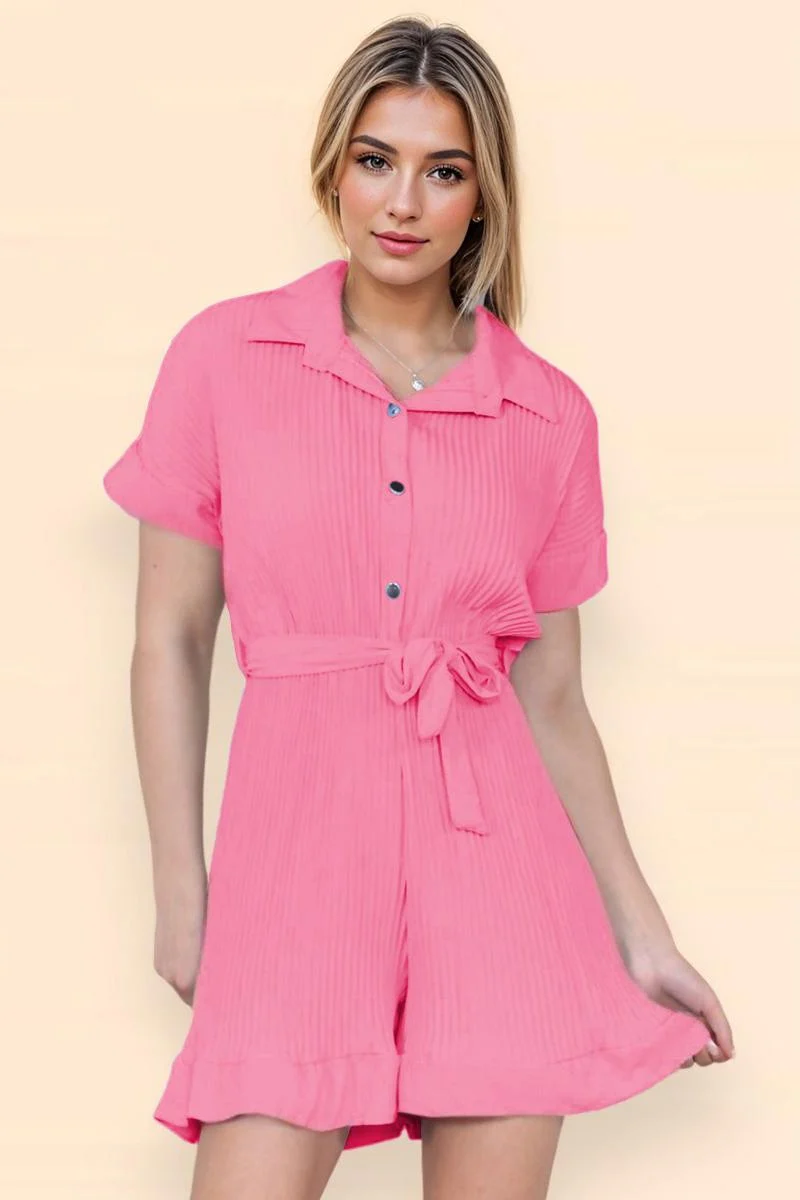 KATCH ME Comfort Solid Color Collared Neck Waist Tie Short Sleeve Playsuit - Image 14
