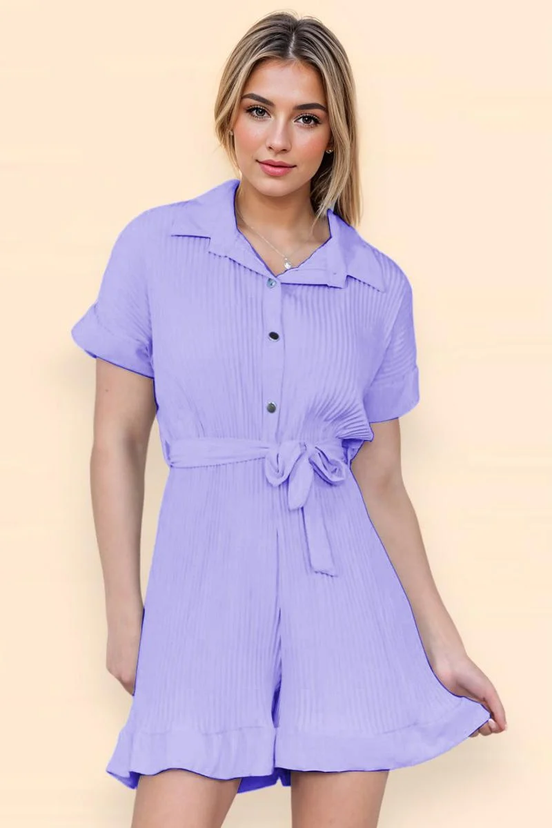 KATCH ME Comfort Solid Color Collared Neck Waist Tie Short Sleeve Playsuit - Image 15