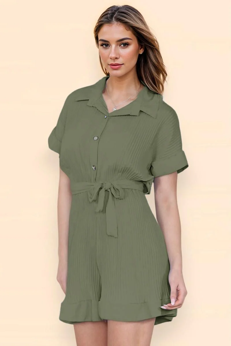 KATCH ME Comfort Solid Color Collared Neck Waist Tie Short Sleeve Playsuit - Image 2