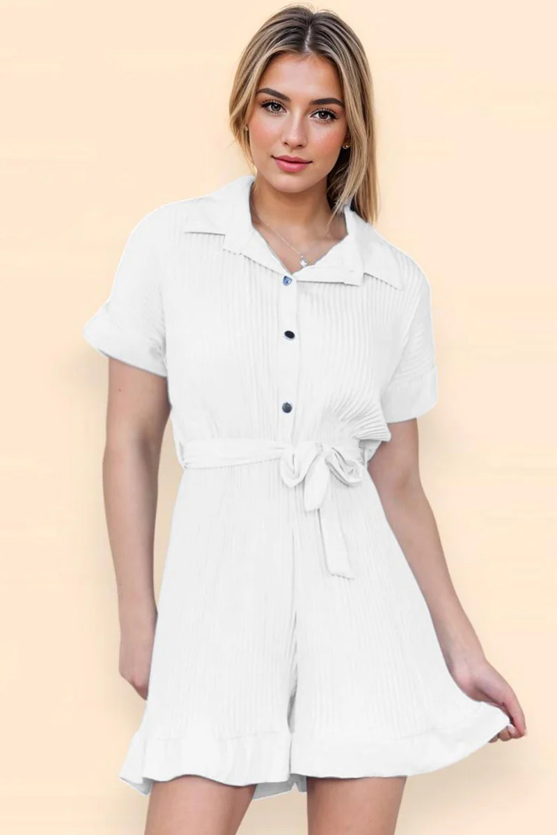 KATCH ME Comfort Solid Color Collared Neck Waist Tie Short Sleeve Playsuit - Image 3
