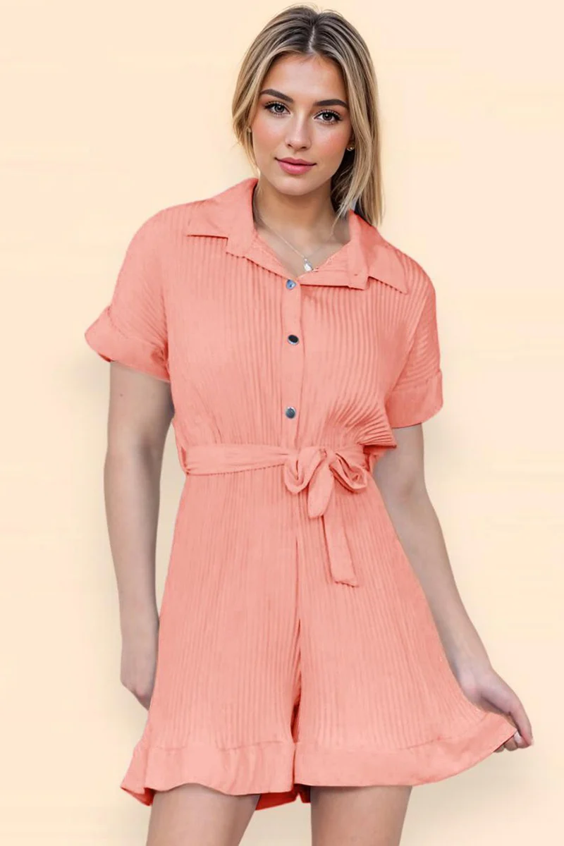KATCH ME Comfort Solid Color Collared Neck Waist Tie Short Sleeve Playsuit - Image 4