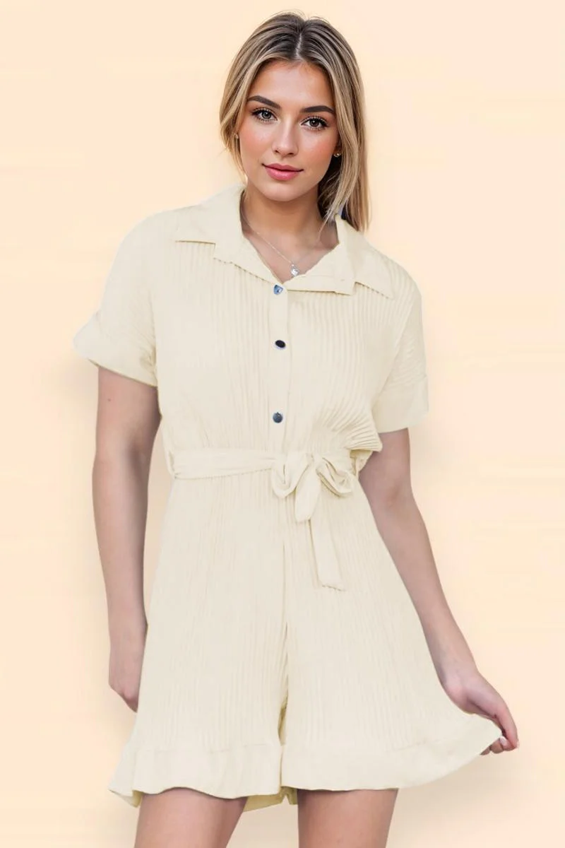 KATCH ME Comfort Solid Color Collared Neck Waist Tie Short Sleeve Playsuit - Image 5