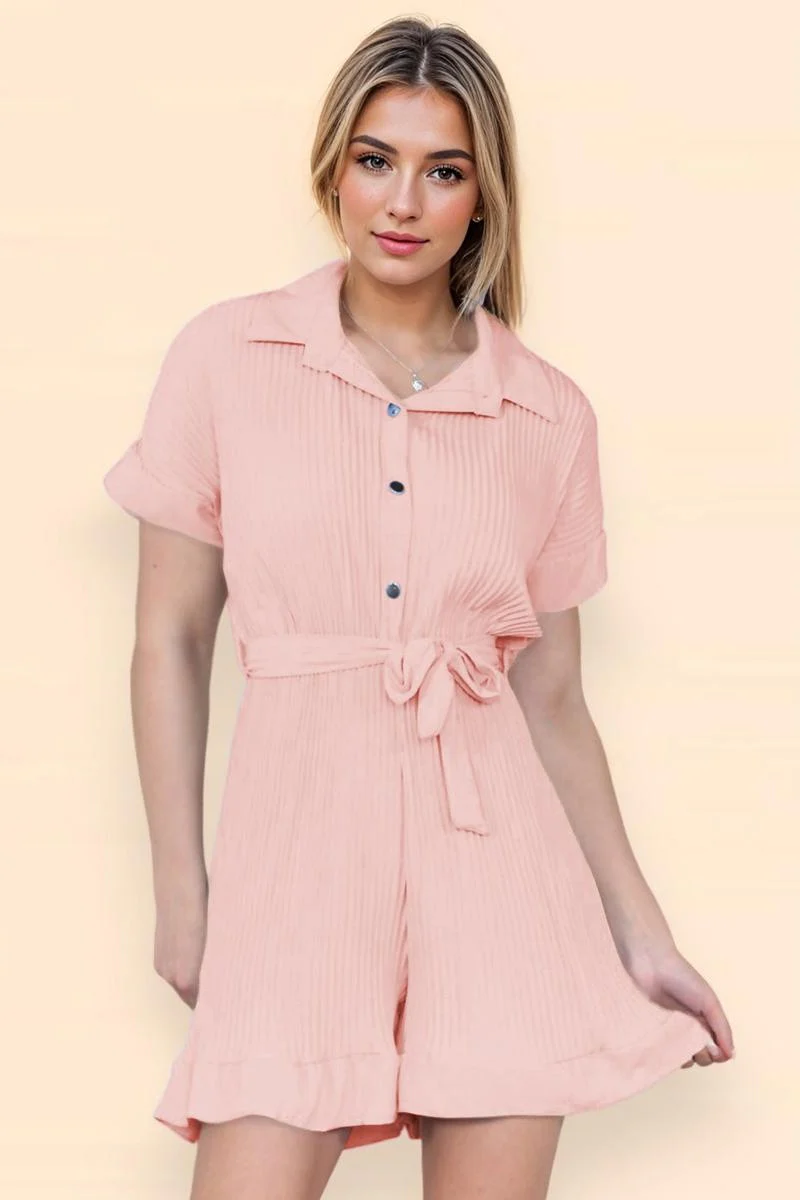 KATCH ME Comfort Solid Color Collared Neck Waist Tie Short Sleeve Playsuit - Image 6