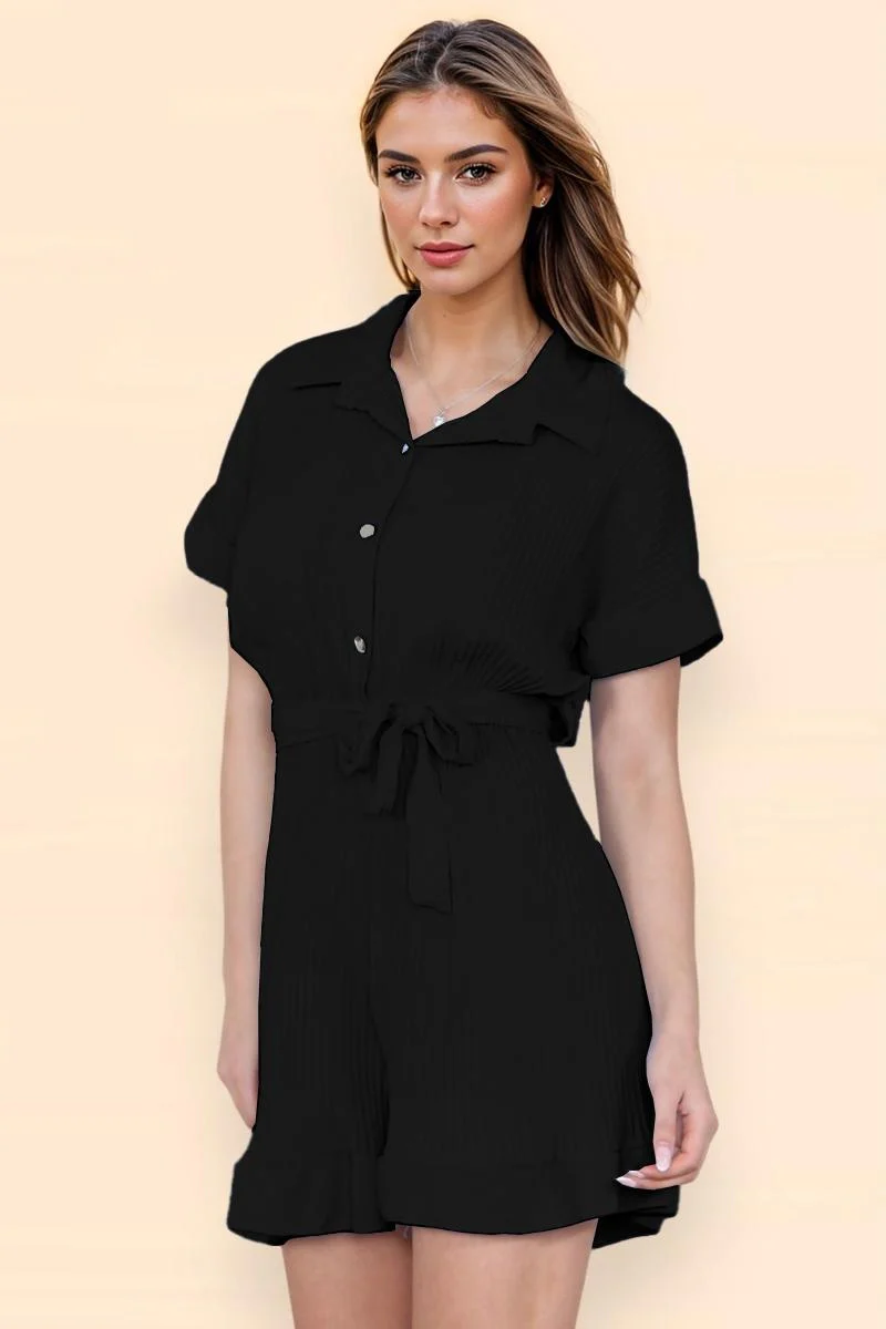 KATCH ME Comfort Solid Color Collared Neck Waist Tie Short Sleeve Playsuit - Image 7