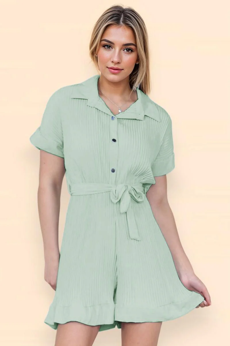 KATCH ME Comfort Solid Color Collared Neck Waist Tie Short Sleeve Playsuit - Image 8