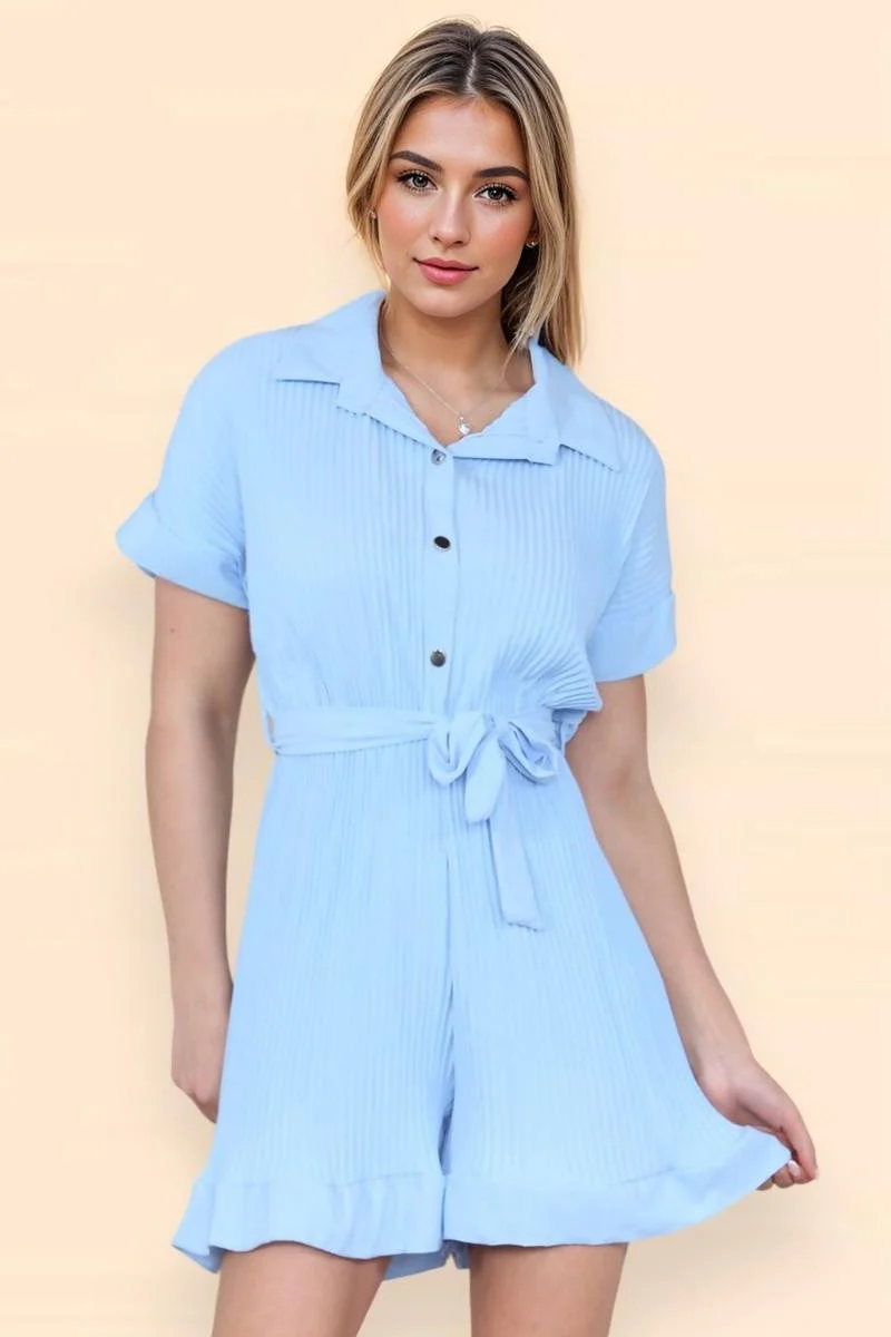 KATCH ME Comfort Solid Color Collared Neck Waist Tie Short Sleeve Playsuit - Image 9