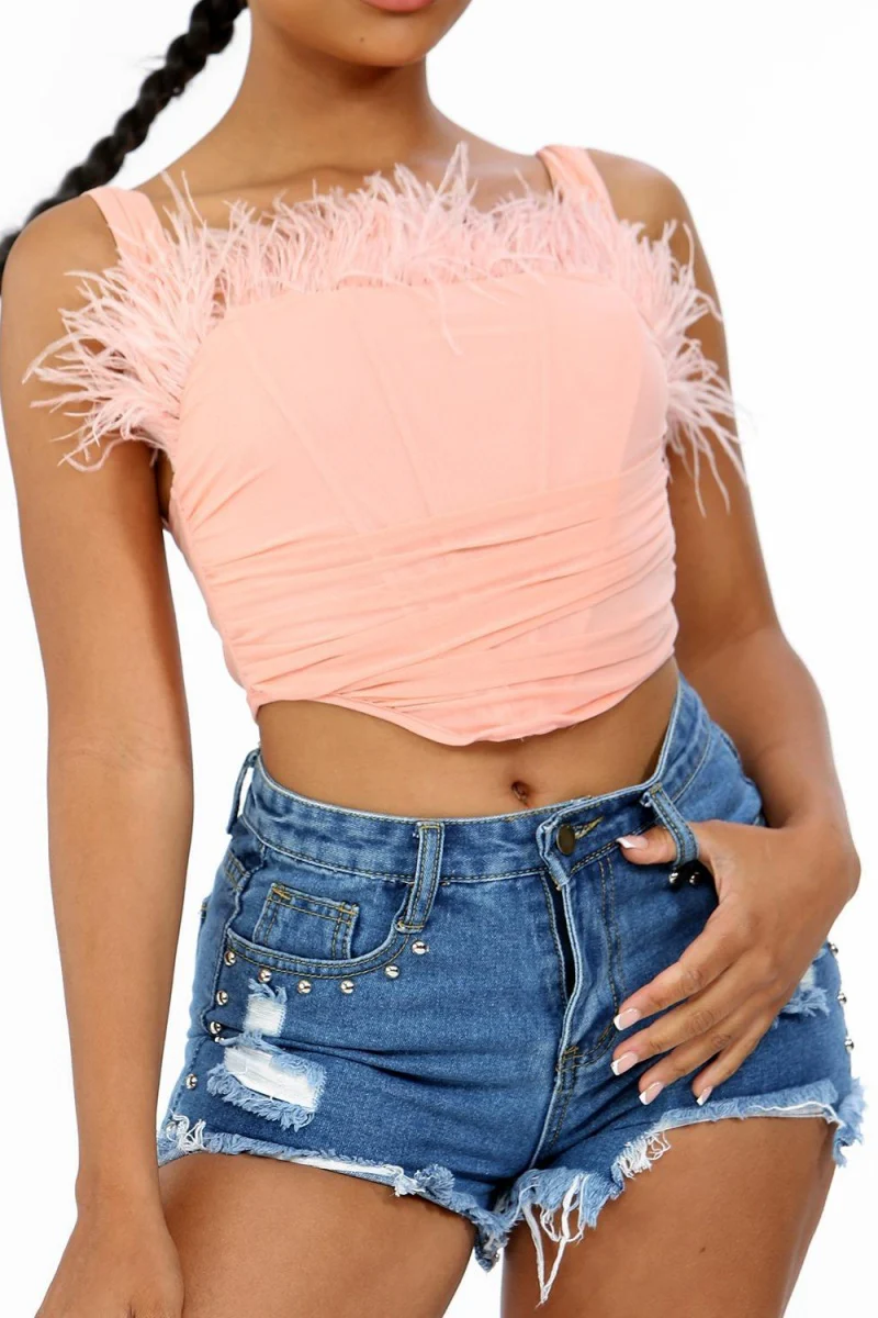 KATCH ME Feather Decor Fish Bone Sleeveless Tube Corset Crop Top - Image 4