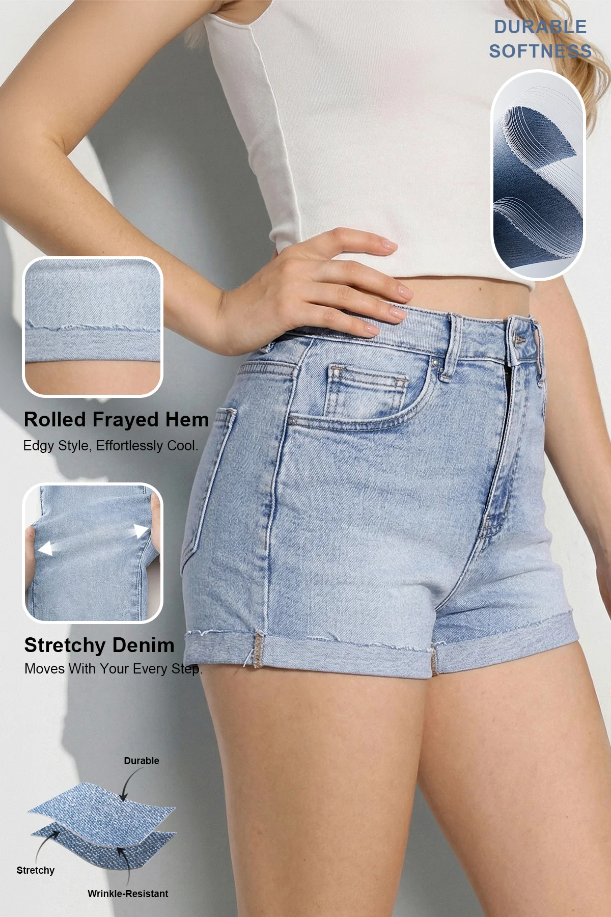 KATCH ME High Waist Multi-Pocket Rolled Raw Hem Stretch Denim Shorts - Image 2