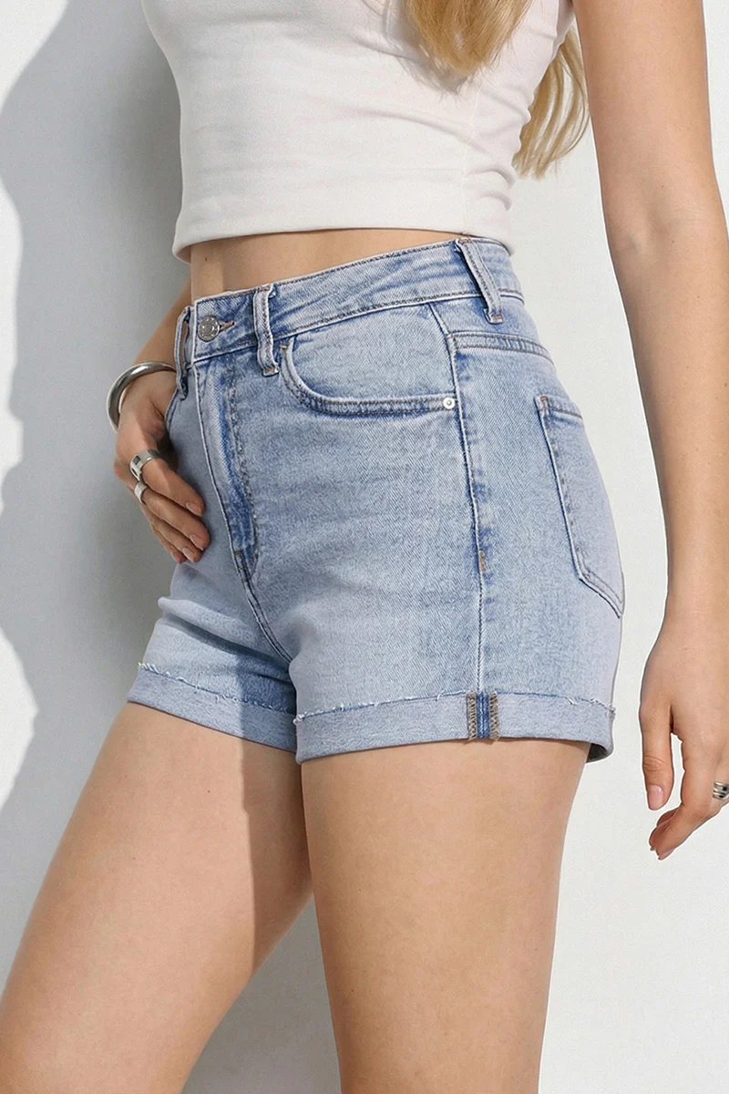 KATCH ME High Waist Multi-Pocket Rolled Raw Hem Stretch Denim Shorts - Image 5