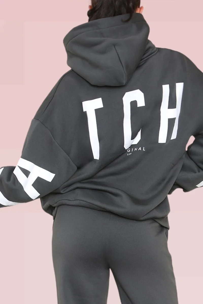 KATCH ME Letter Print Hooded Drop Shoulder Loose Fit Long Sleeve Sweatshirt - Image 4