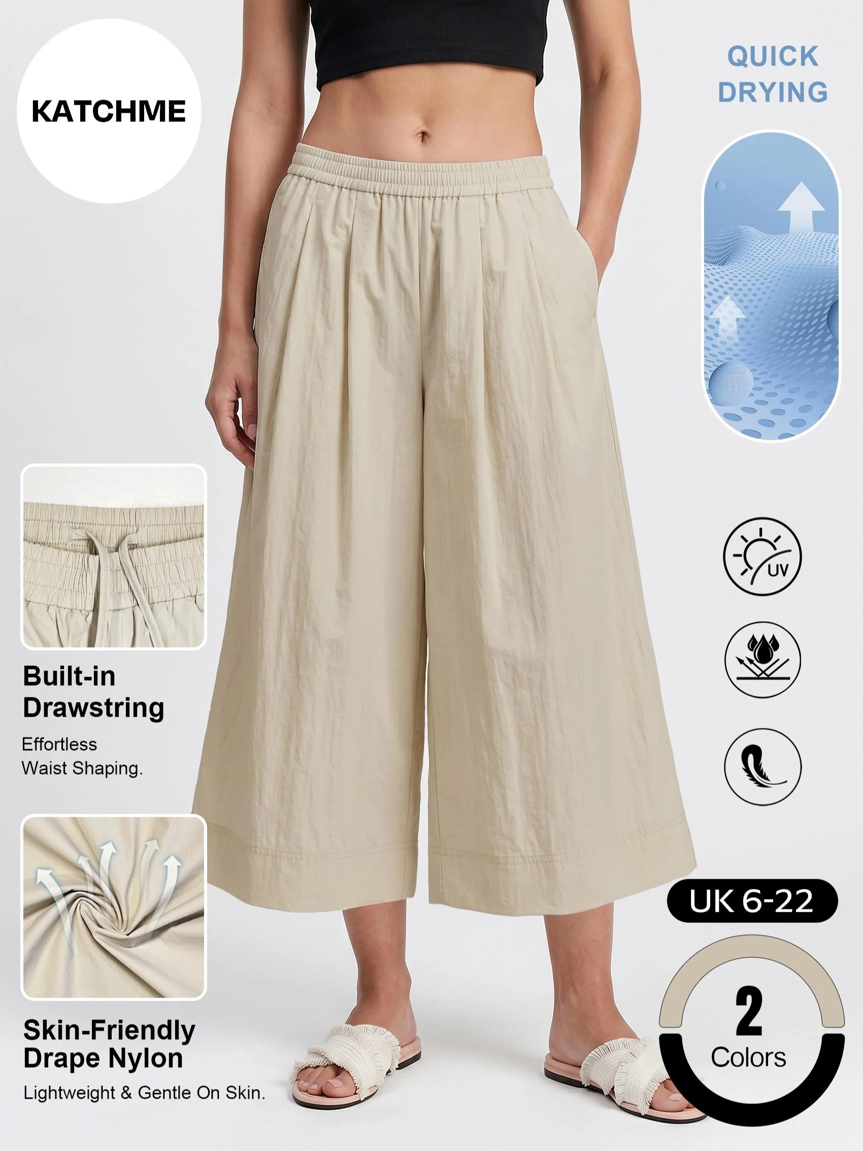 KATCH ME Lightweight Breathable Nylon Mid-Rise Drawstring Wide Leg Skort - Image 2