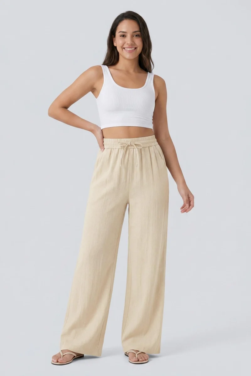 KATCH ME Lightweight Linen High Waist Drawstring Wide Leg Trousers