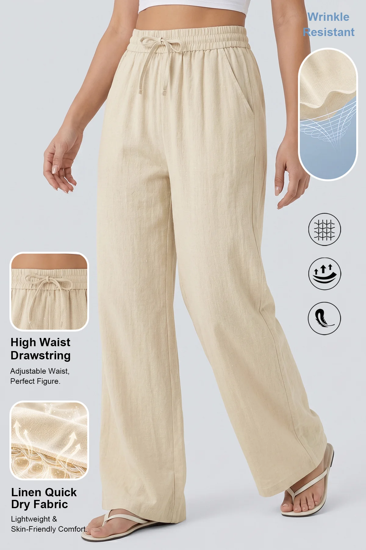 KATCH ME Lightweight Linen High Waist Drawstring Wide Leg Trousers - Image 2