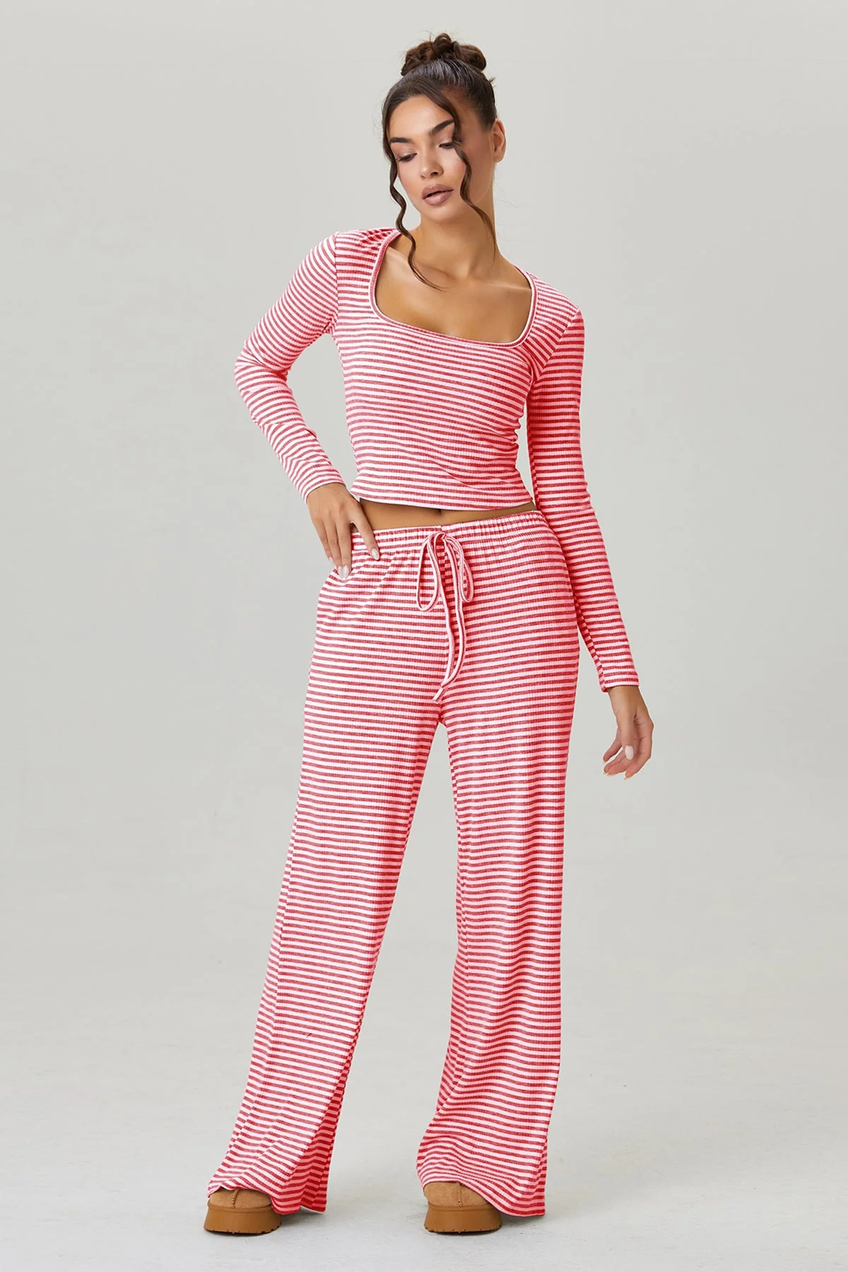 KATCH ME Stripe Long Sleeve Crop Top & Low-Rise Trousers Co-ord Set