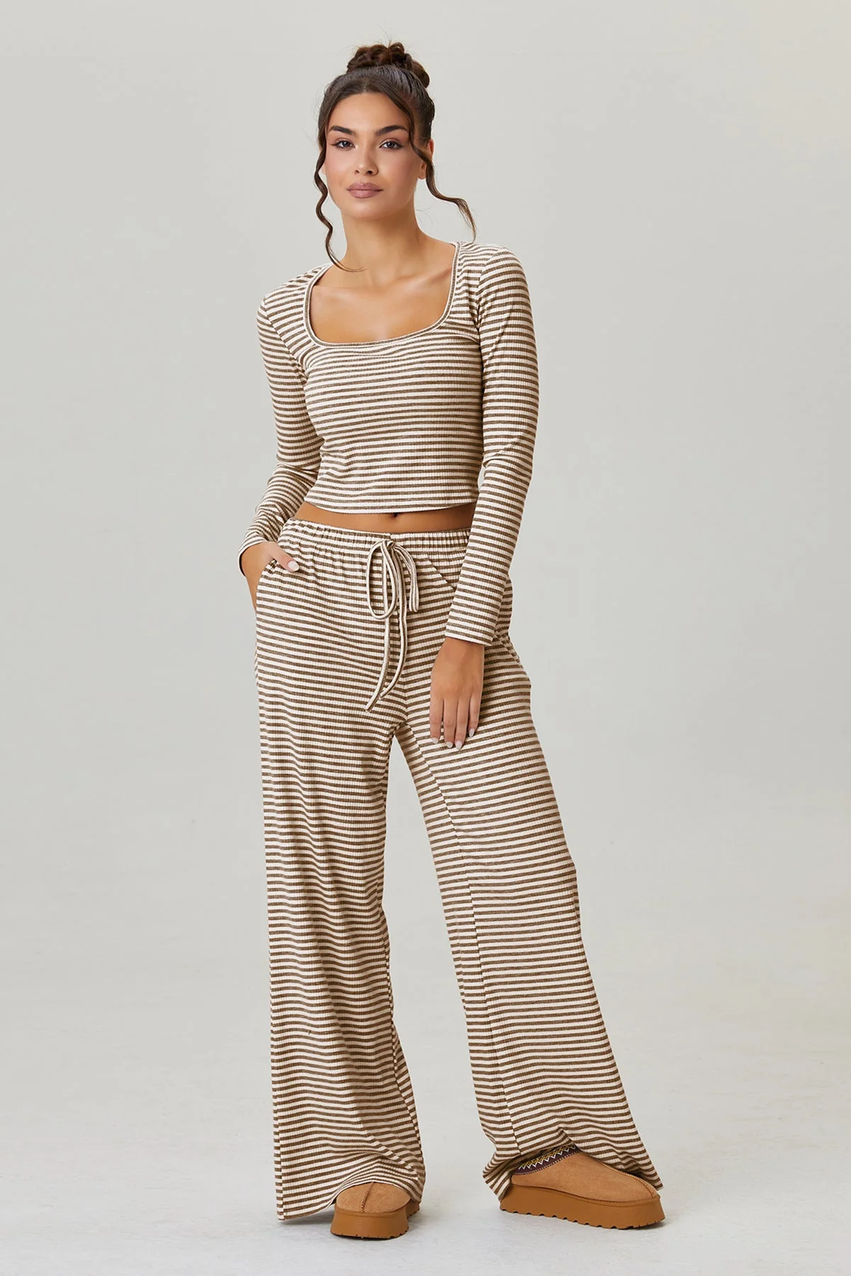 KATCH ME Stripe Long Sleeve Crop Top & Low-Rise Trousers Co-ord Set - Image 3