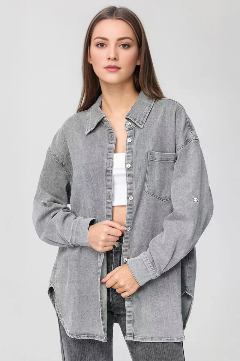 KATCH ME Soft Denim Lapel Oversized Button Long Sleeve Jacket - Image 2