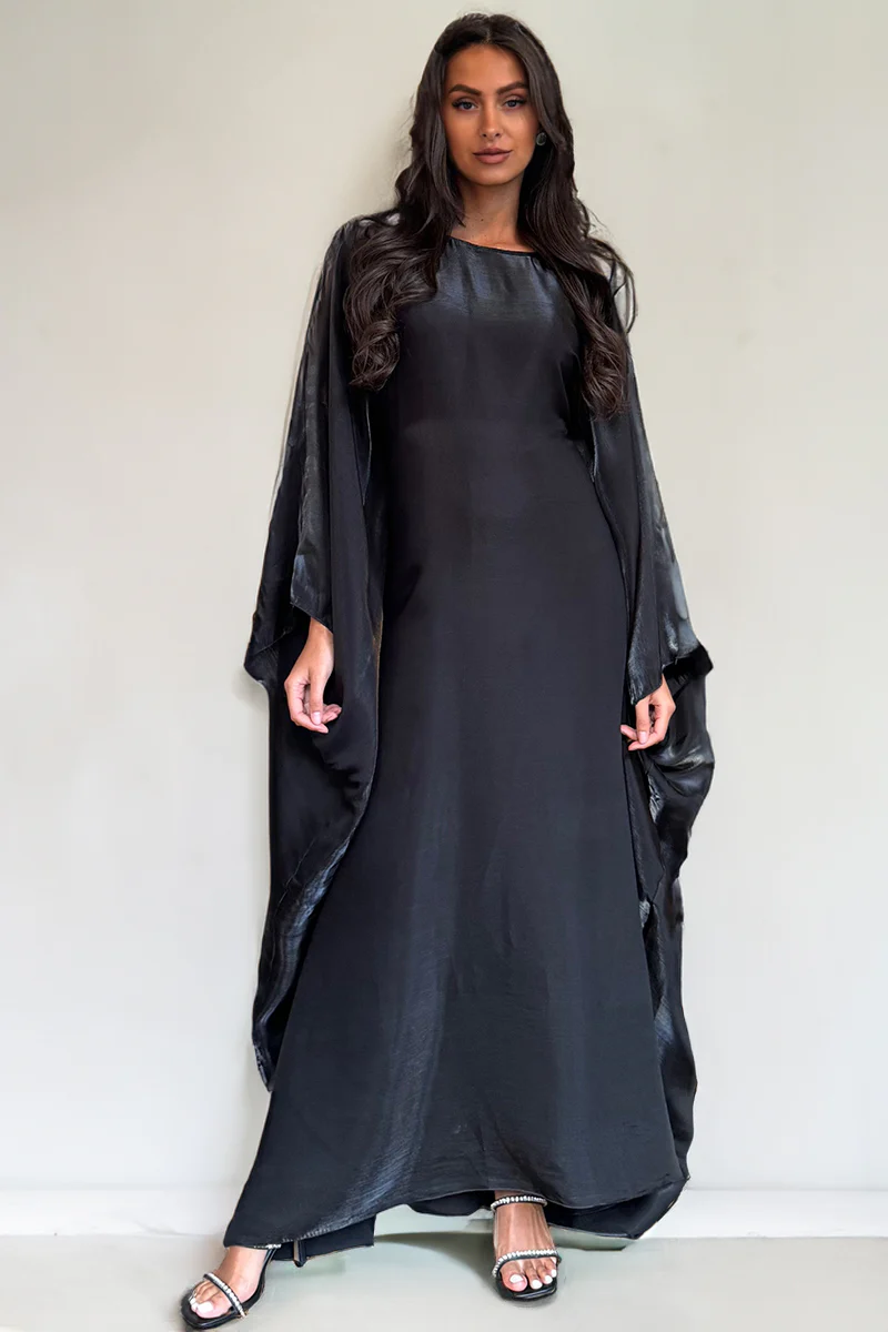 KATCH ME Soft Iridescent Fabric Solid Color Scoop Neck Loose Sleeve Maxi Dress - Image 4