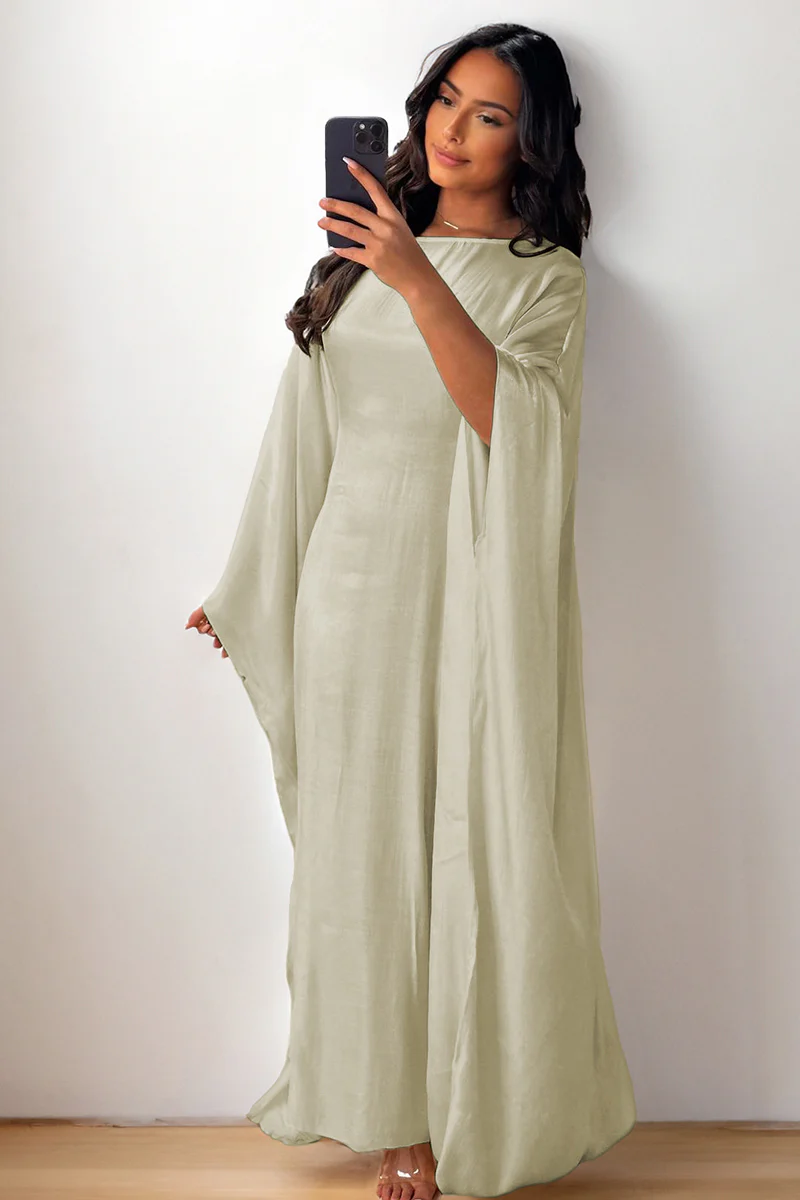 KATCH ME Soft Iridescent Fabric Solid Color Scoop Neck Loose Sleeve Maxi Dress - Image 5