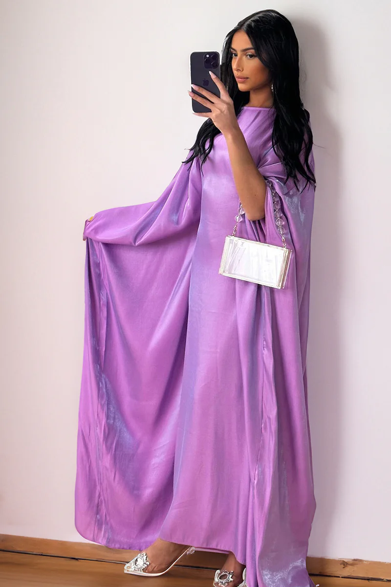 KATCH ME Soft Iridescent Fabric Solid Color Scoop Neck Loose Sleeve Maxi Dress - Image 7