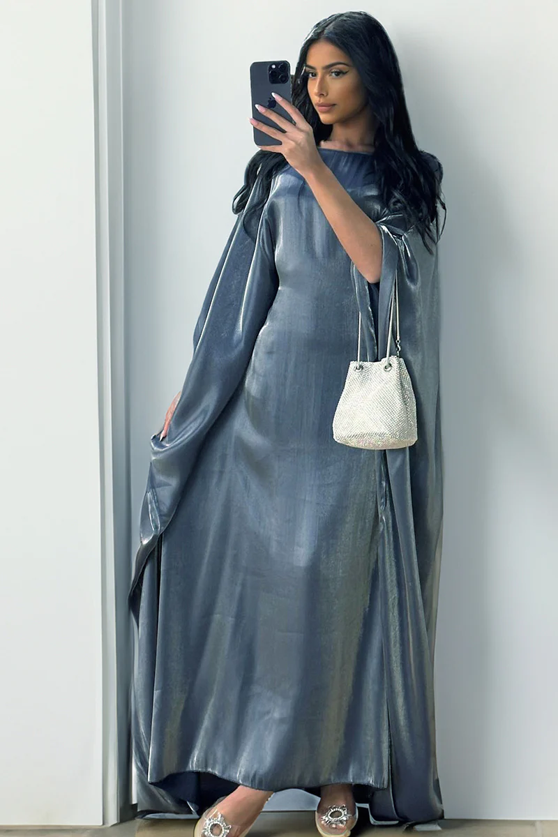 KATCH ME Soft Iridescent Fabric Solid Color Scoop Neck Loose Sleeve Maxi Dress - Image 8