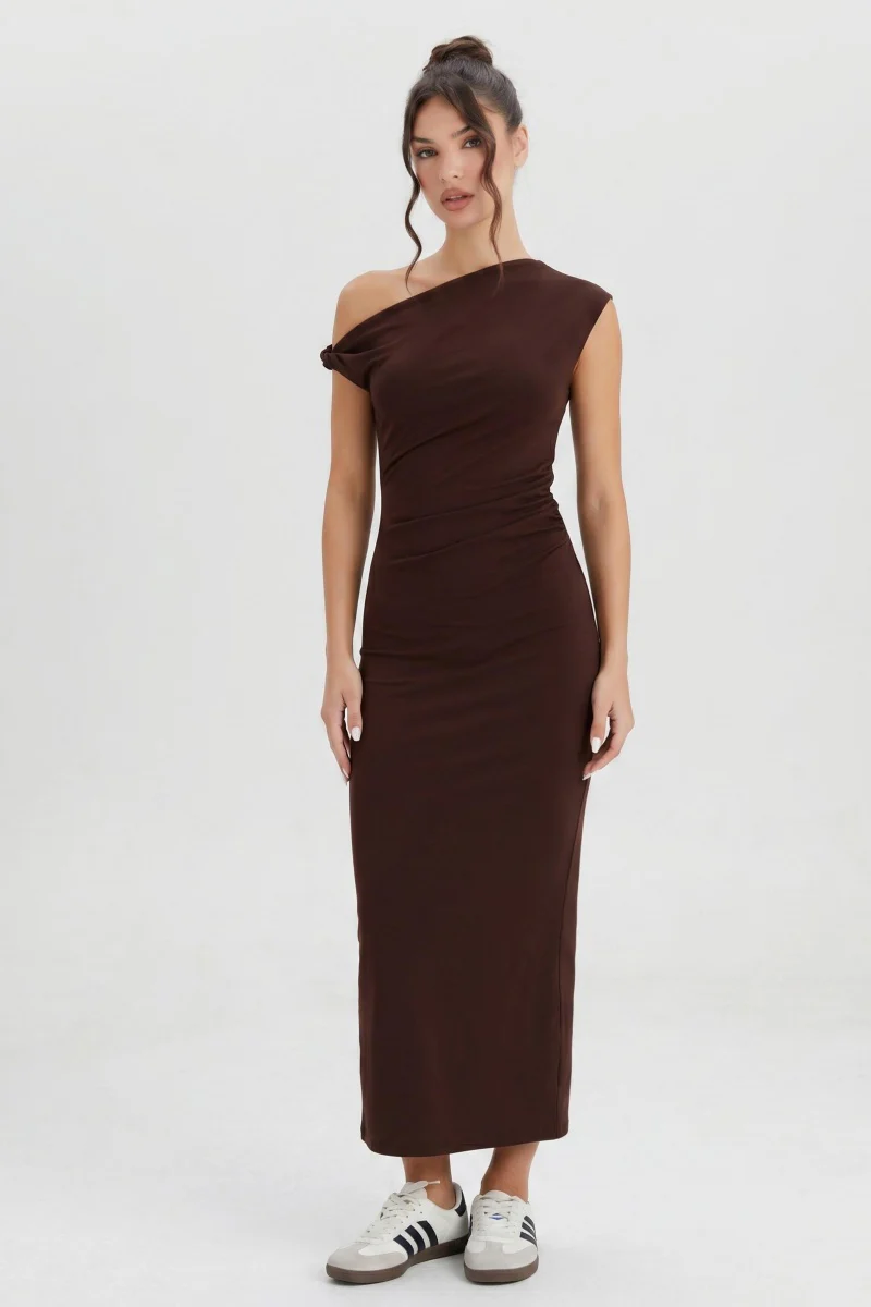 KATCH ME Soft Skin-Friendly Solid Color One Shoulder Ruched Midi Dress
