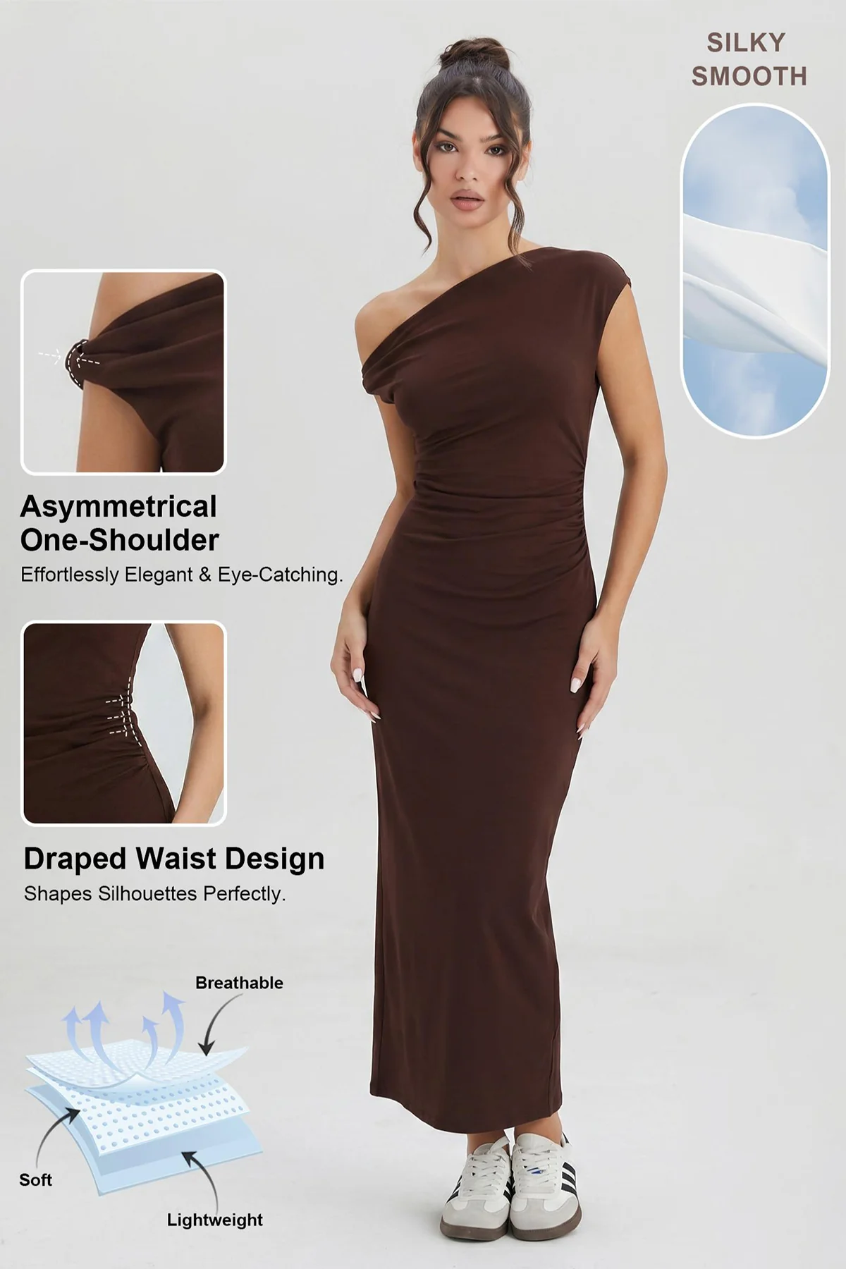 KATCH ME Soft Skin-Friendly Solid Color One Shoulder Ruched Midi Dress - Image 2