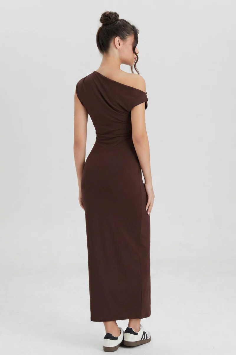 KATCH ME Soft Skin-Friendly Solid Color One Shoulder Ruched Midi Dress - Image 3
