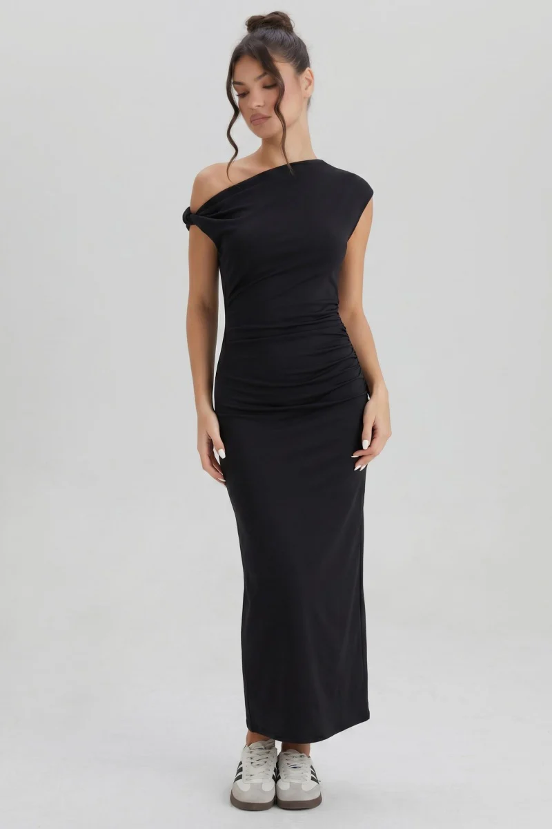 KATCH ME Soft Skin-Friendly Solid Color One Shoulder Ruched Midi Dress - Image 4