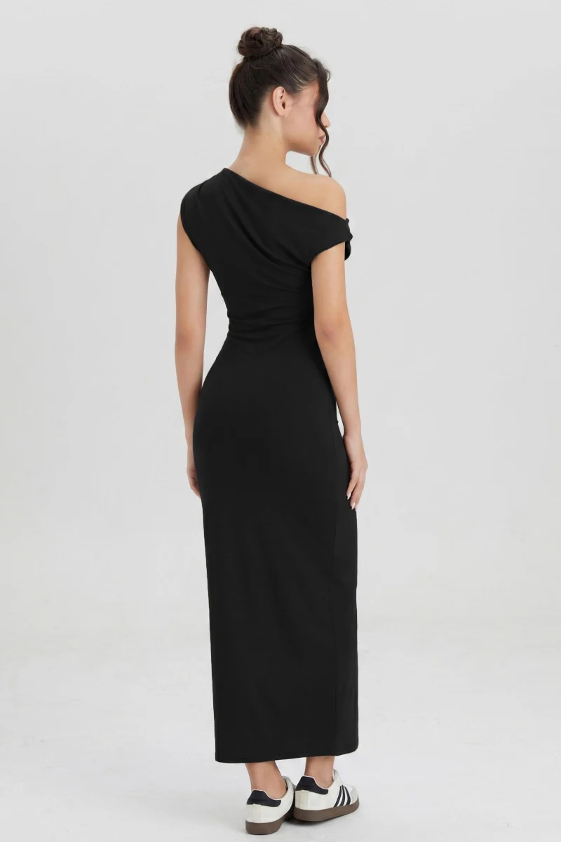 KATCH ME Soft Skin-Friendly Solid Color One Shoulder Ruched Midi Dress - Image 5
