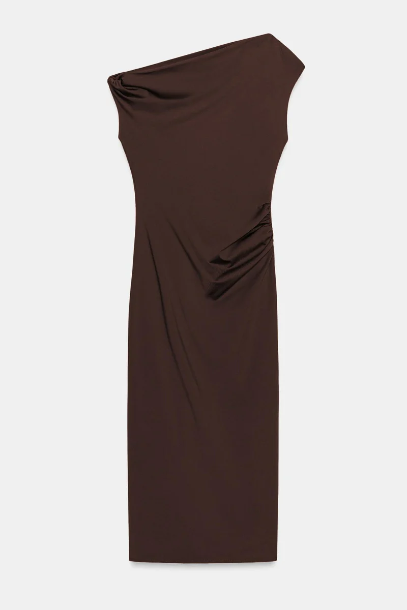 KATCH ME Soft Skin-Friendly Solid Color One Shoulder Ruched Midi Dress - Image 7