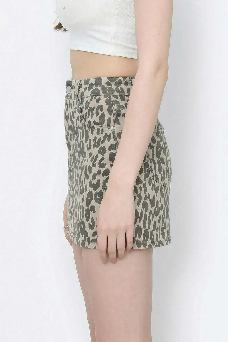 KATCH ME Stretch Durable Denim Leopard Print Mid-Rise A-Line Mini Skirt - Image 3