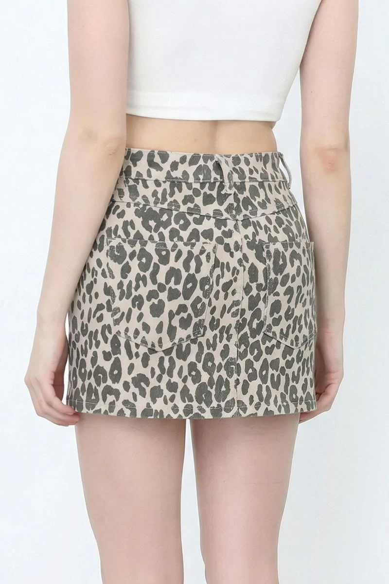 KATCH ME Stretch Durable Denim Leopard Print Mid-Rise A-Line Mini Skirt - Image 4