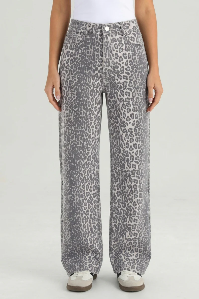 KATCH ME Stretchy Durable Denim Leopard Print High Waist Wide Leg Jeans