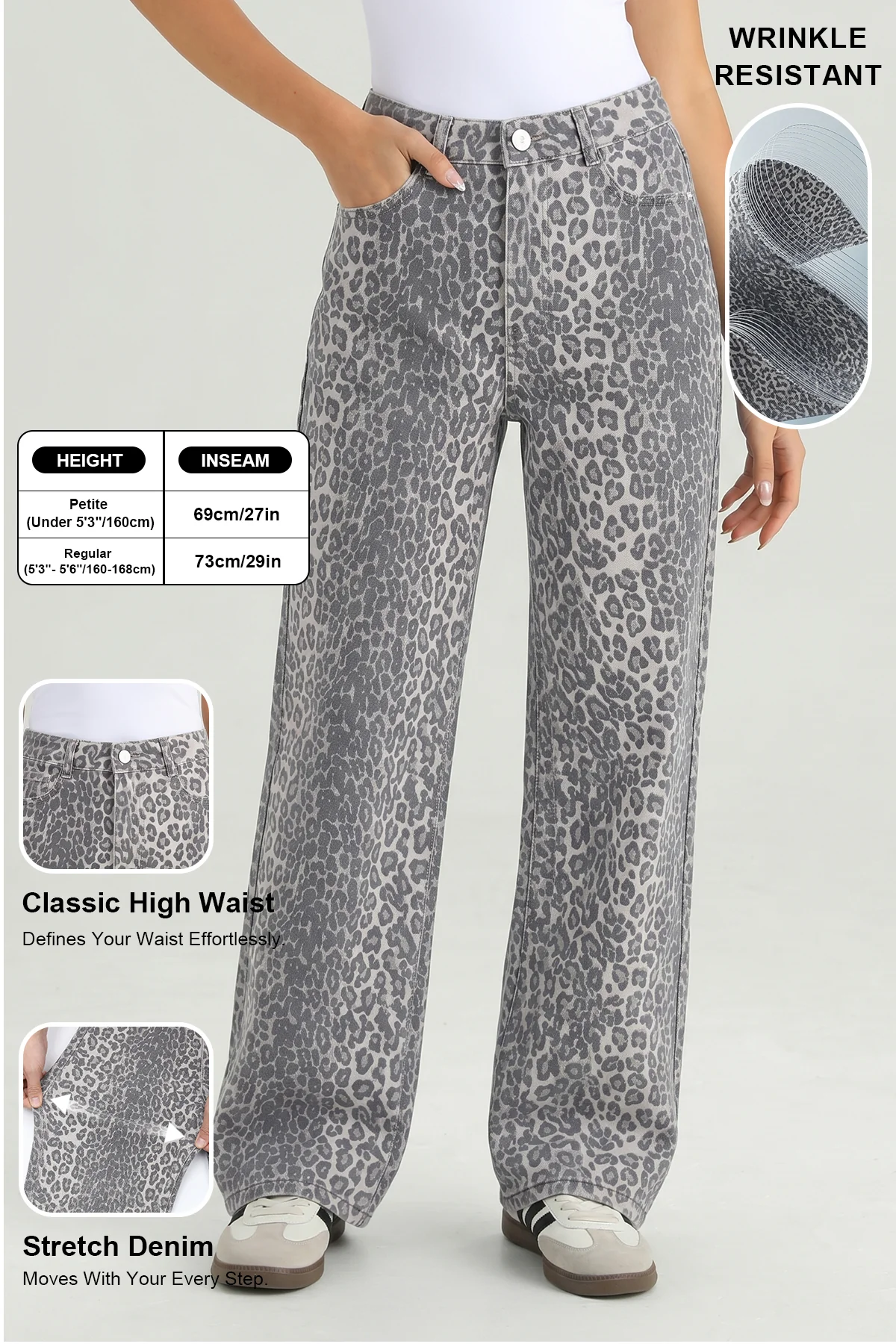 KATCH ME Stretchy Durable Denim Leopard Print High Waist Wide Leg Jeans - Image 2