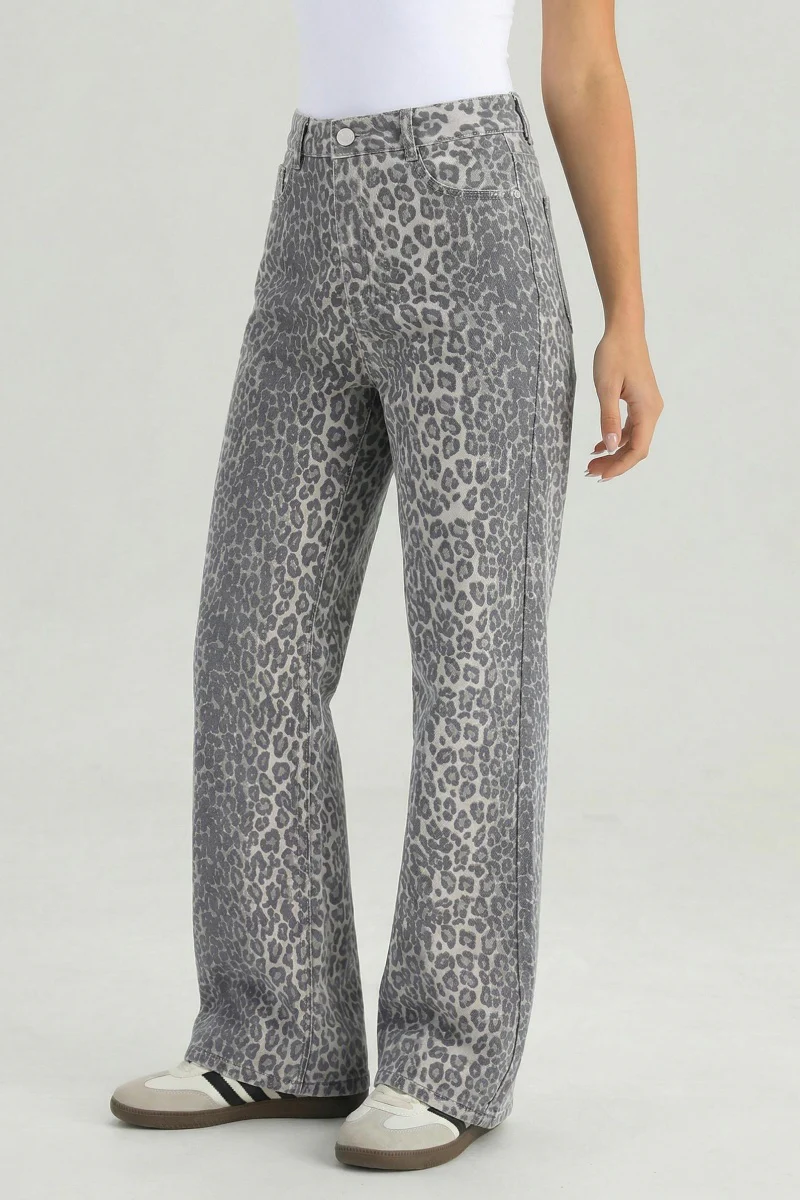 KATCH ME Stretchy Durable Denim Leopard Print High Waist Wide Leg Jeans - Image 5